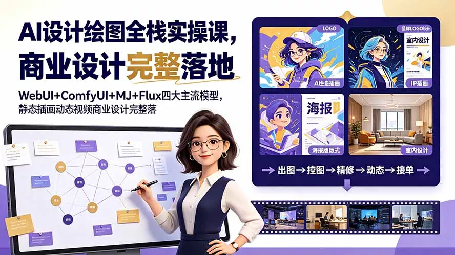 AI设计绘图全栈实操课，WebUI+ComfyUI+MJ+Flux四大主流模型，静态插画动态视频商业设计完整落地教程-心思维创富网_网上创业教程_网络创业项目
