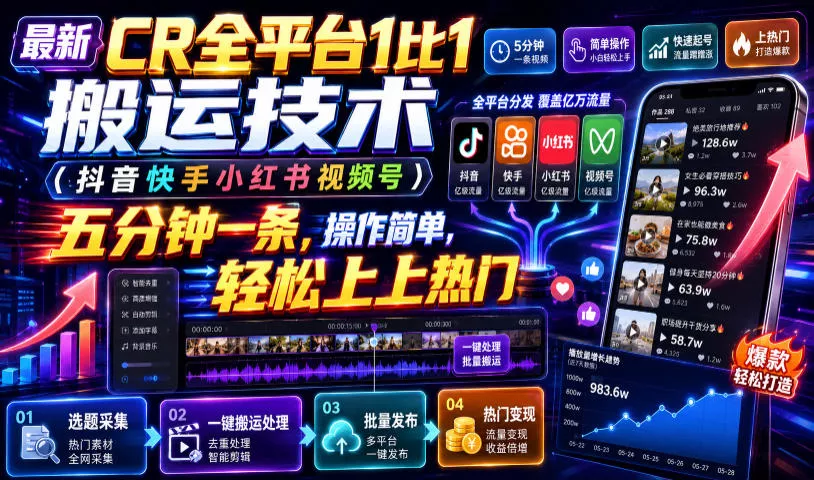 最新CR全平台1比1搬运技术(抖音快手小红书视频号)五分钟分钟一条，操作简单，轻松上热门(教程+软件+参数)-心思维创富网_网上创业教程_网络创业项目