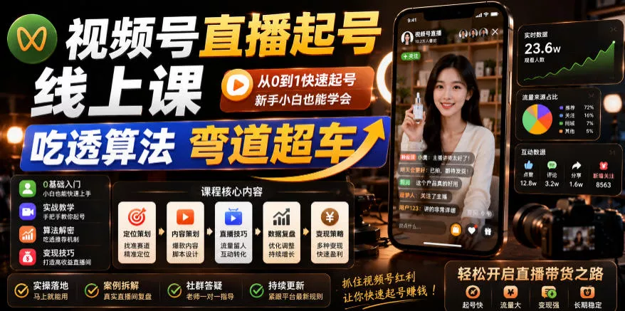 视频号直播起号线上课，吃透算法弯道超车(2026年6月)-心思维创富网_网上创业教程_网络创业项目