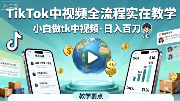 TikTok中视频全流程实操教学，小白做tk中视频，日入百刀-心思维创富网_网上创业教程_网络创业项目