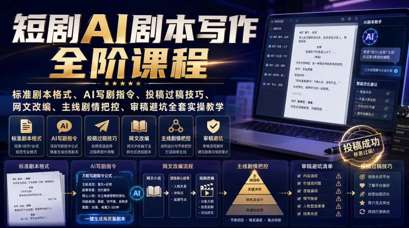 短剧AI剧本写作全阶课程｜标准剧本格式、AI写剧指令、投稿过稿技巧、网文改编、主线剧情把控、审稿避坑全套实操教学-心思维创富网_网上创业教程_网络创业项目