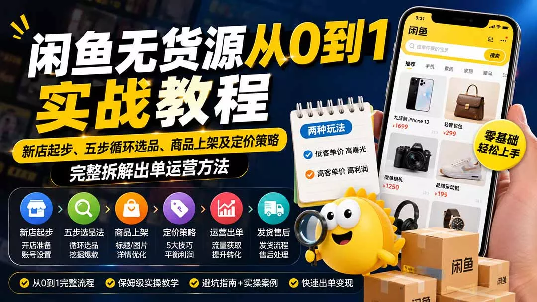 闲鱼无货源从0到1实战教程——新店起步、五步循环选品、商品上架及定价策略，完整拆解出单运营方法-心思维创富网_网上创业教程_网络创业项目