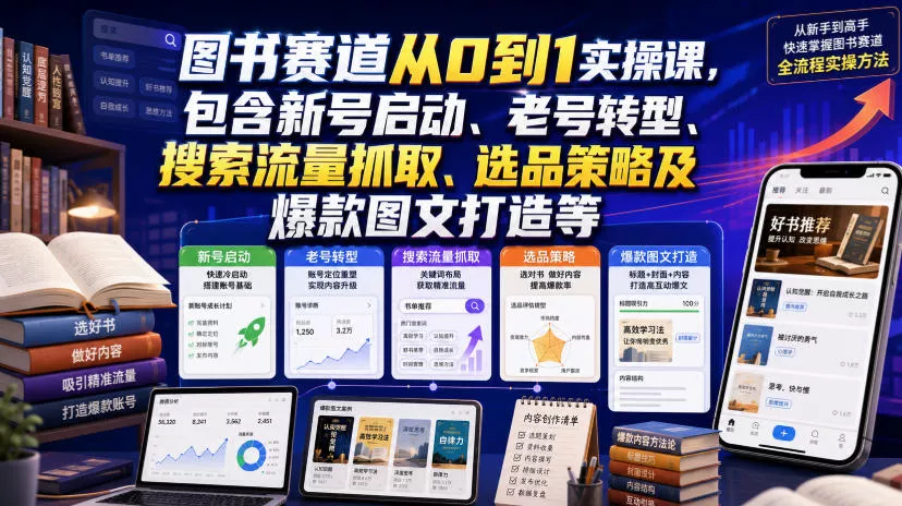 图书赛道从0到1实操课，包含新号启动、老号转型、搜索流量抓取、选品策略及爆款图文打造等-心思维创富网_网上创业教程_网络创业项目