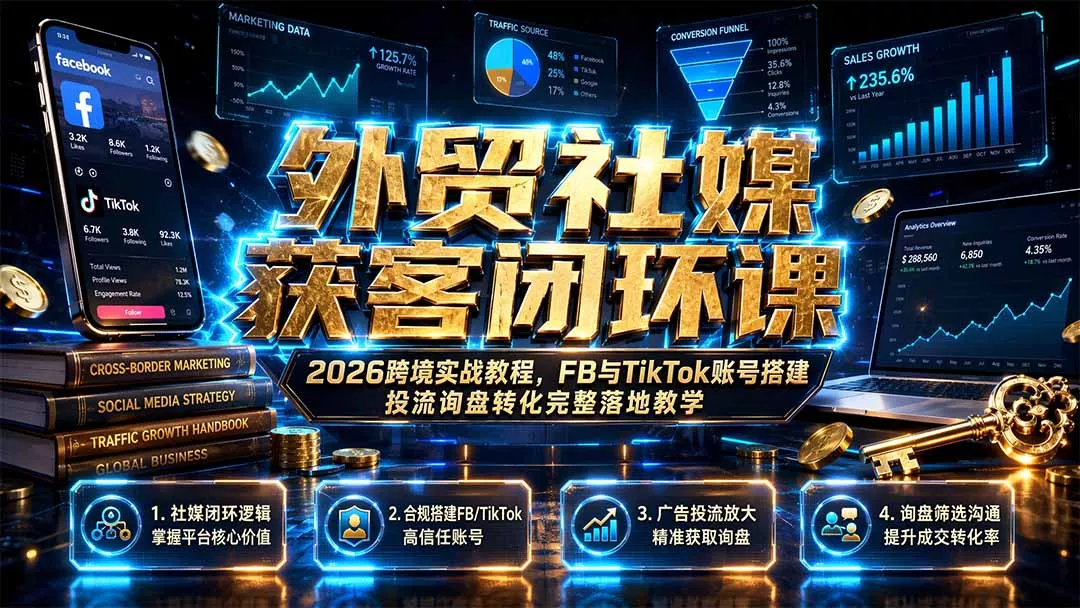 外贸社媒获客闭环课｜2026跨境实战教程，FB与TikTok账号搭建投流询盘转化完整落地教学-心思维创富网_网上创业教程_网络创业项目