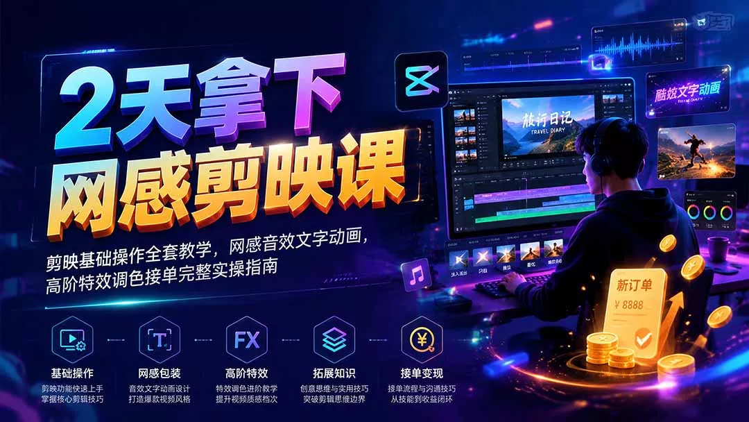 2天拿下网感剪辑课｜剪映基础操作全套教学，网感音效文字动画，高阶特效调色接单完整实操指南-心思维创富网_网上创业教程_网络创业项目