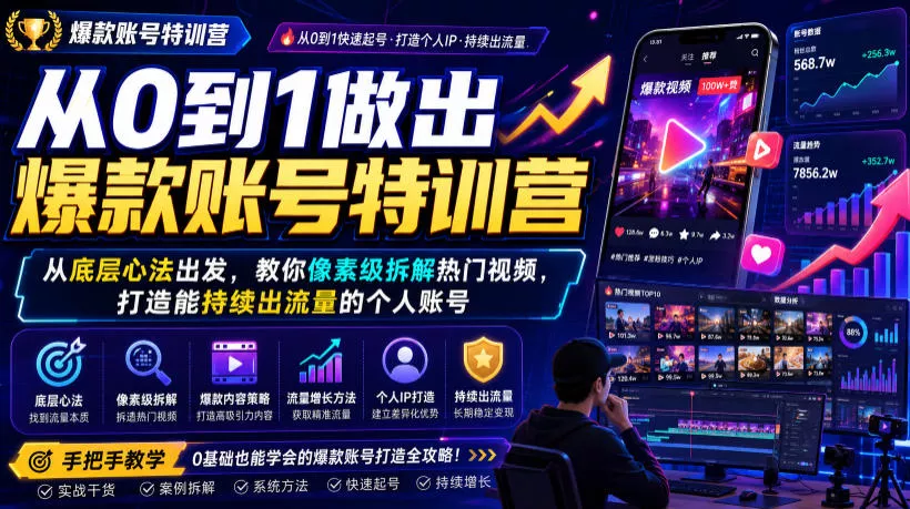 从0到1做出爆款账号特训营，从底层心法出发，教你像素级拆解热门视频，打造能持续出流量的个人账号-心思维创富网_网上创业教程_网络创业项目