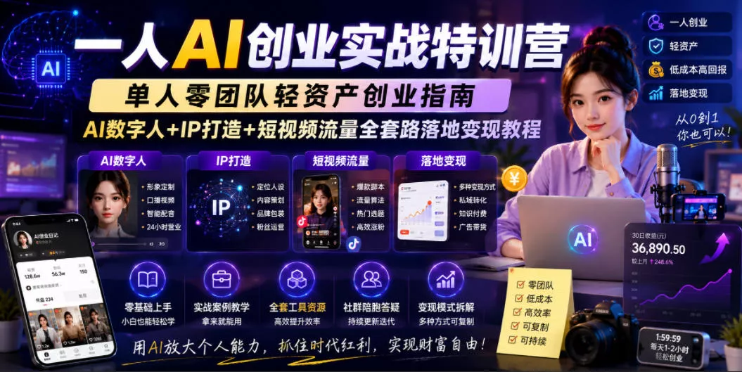 一人AI创业实战特训营，单人零团队轻资产创业指南，AI数字人+IP打造+短视频流量全套路落地变现教程-心思维创富网_网上创业教程_网络创业项目