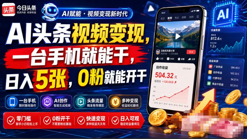 AI头条视频变现，一台手机就能干，日入5张，0粉就能开干-心思维创富网_网上创业教程_网络创业项目