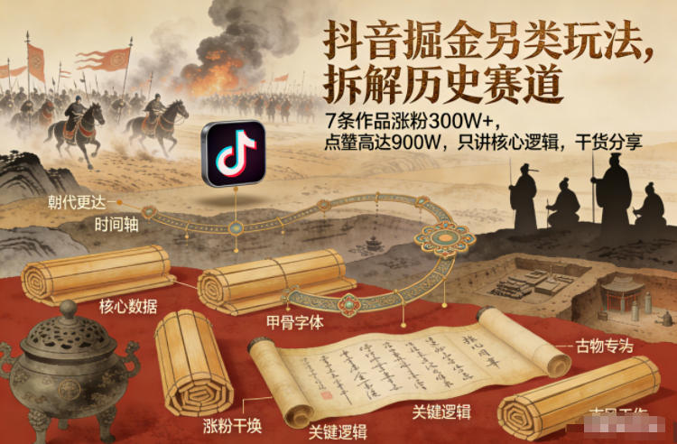 抖音掘金另类玩法，拆解历史赛道，7条作品涨粉300W+，点赞量高达900W，只讲核心逻辑，干货分享-心思维创富网_网上创业教程_网络创业项目