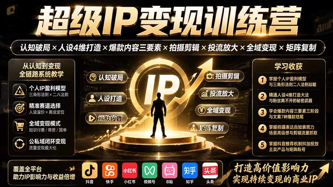 超级IP变现训练营：认知破局×人设4维打造×爆款内容三要素×拍摄剪辑×投流放大×全域变现×矩阵复制-心思维创富网_网上创业教程_网络创业项目