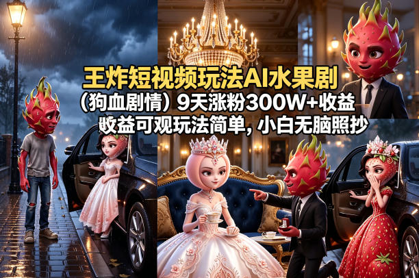 王炸短视频玩法AI水果剧(狗血剧情)9天涨粉300W+收益可观玩法简单，小白无脑照抄，详细拆解玩法-心思维创富网_网上创业教程_网络创业项目