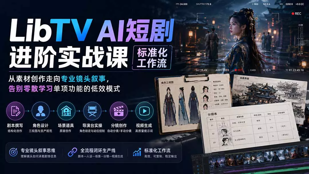 LibTV AI短剧进阶实操课标准化工作流；从素材创作走向专业镜头叙事，告别零散学习单项功能的低效模式-心思维创富网_网上创业教程_网络创业项目