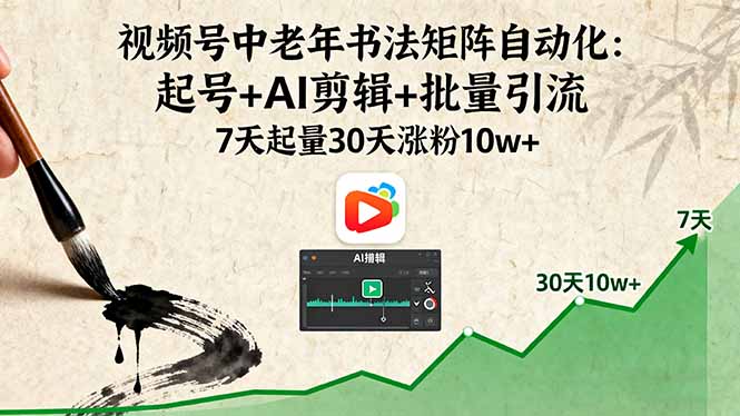 视频号中老年书法矩阵自动化：起号+AI剪辑+批量引流 7天起量30天涨粉10w+-心思维创富网_网上创业教程_网络创业项目