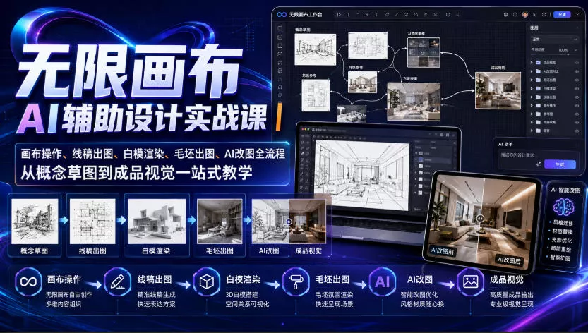 无限画布AI辅助设计实战课｜画布操作、线稿出图、白模渲染、毛坯出图、AI改图全流程，从概念草图到成品视觉一站式教学-心思维创富网_网上创业教程_网络创业项目
