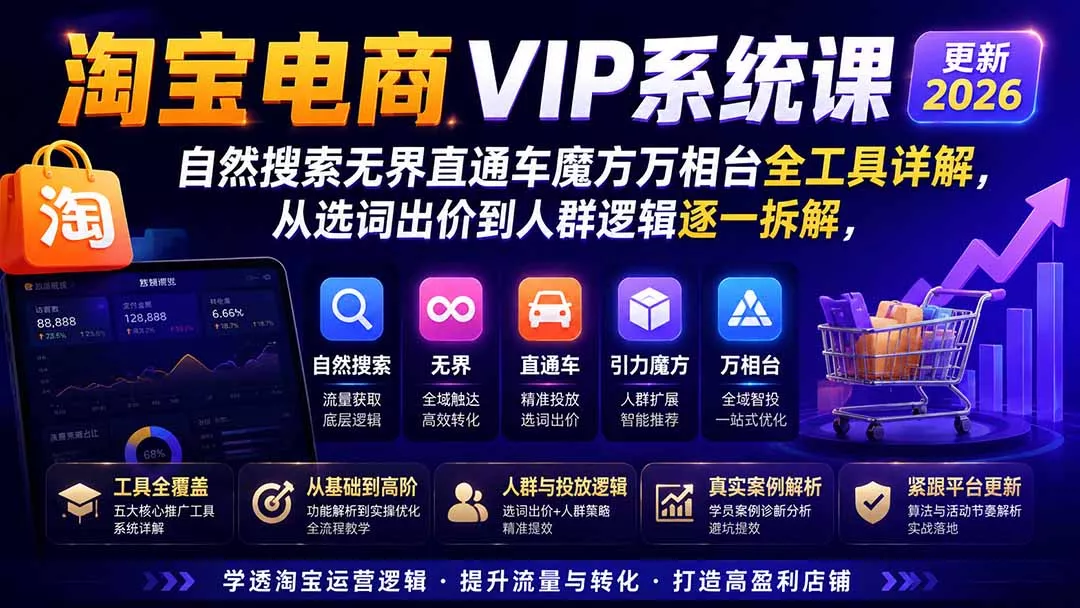 淘宝电商VIP系统课-更新8月；自然搜索无界直通车魔方万相台全工具详解，从选词出价到人群逻辑逐一拆解-心思维创富网_网上创业教程_网络创业项目