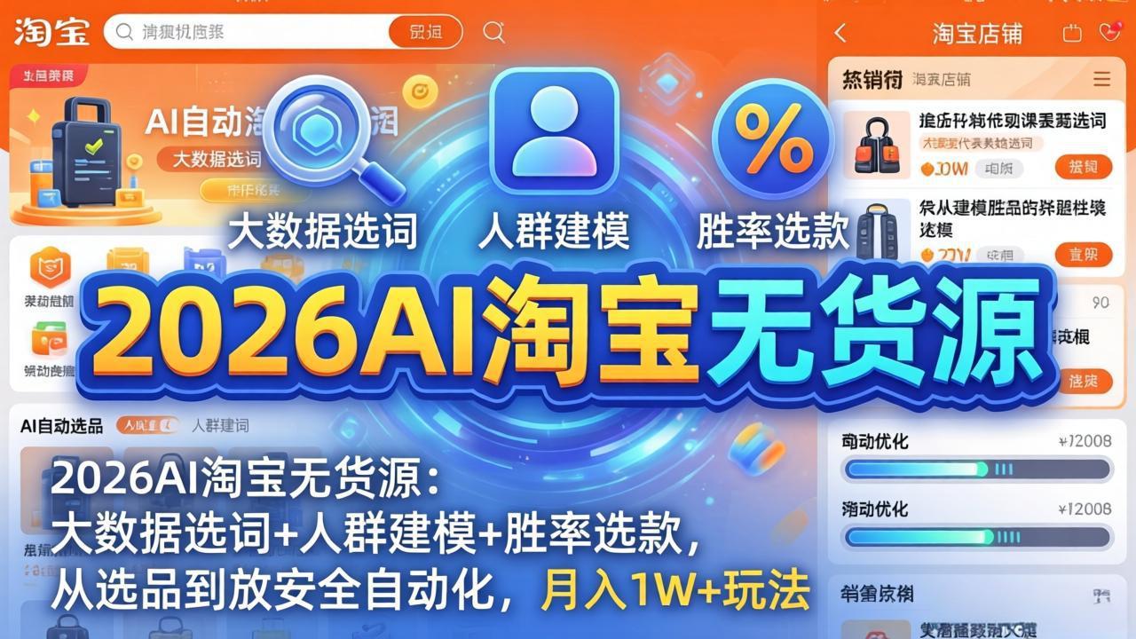 2026AI淘宝无货源：大数据选词+人群建模+胜率选款，从选品到放大全自动化，月入1W+玩法-心思维创富网_网上创业教程_网络创业项目