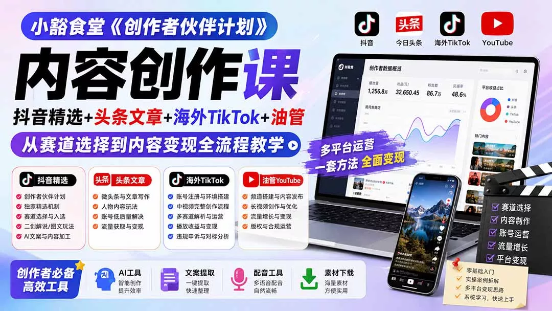 小豁食堂《创作者伙伴计划》内容创作课：抖音精选+头条文章+海外TikTok+油管，从赛道选择到内容变现全流程教学-心思维创富网_网上创业教程_网络创业项目