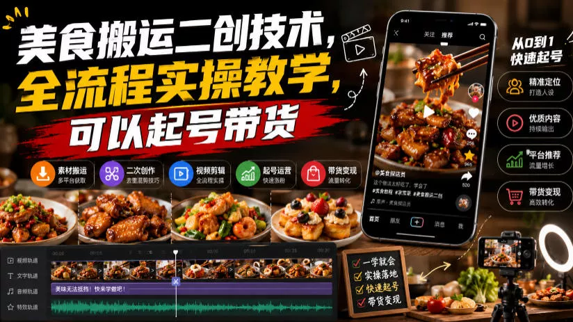 美食搬运二创技术，全流程实操教学，可以起号带货-心思维创富网_网上创业教程_网络创业项目