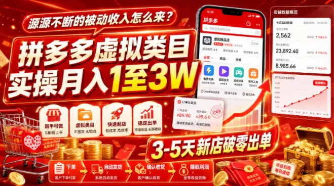 源源不断的被动收入怎么来？拼多多虚拟类目实操月入1至3W，3-5天新店破零出单-心思维创富网_网上创业教程_网络创业项目