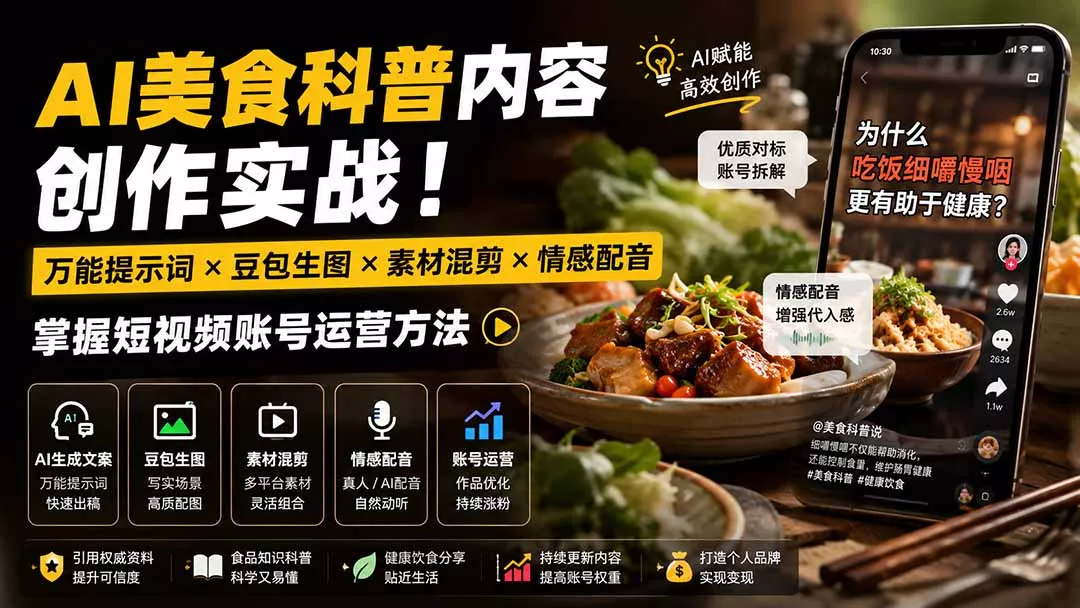 外面卖199元-AI美食科普内容创作实战！万能提示词×豆包生图×素材混剪×情感配音，掌握短视频账号运营方法-心思维创富网_网上创业教程_网络创业项目