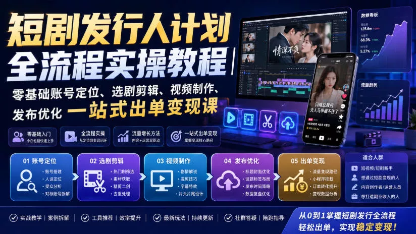 短剧发行人计划全流程实操教程｜零基础账号定位、选剧剪辑、视频制作、发布优化一站式出单变现课-心思维创富网_网上创业教程_网络创业项目