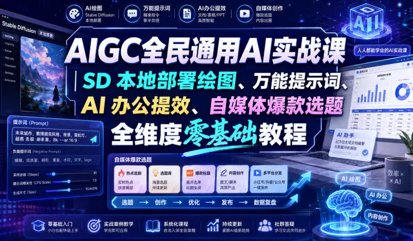 AIGC全民通用AI实战课｜SD本地部署绘图、万能提示词、AI办公提效、自媒体爆款选题全维度零基础教程-心思维创富网_网上创业教程_网络创业项目
