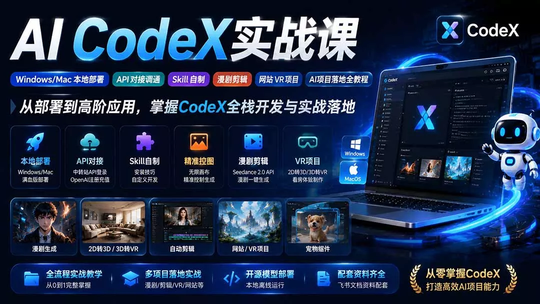 AI CodeX实战课｜Windows/Mac 本地部署｜API 对接调通｜Skill 自制｜漫剧剪辑｜网站 VR 项目｜AI项目落地全教程-心思维创富网_网上创业教程_网络创业项目