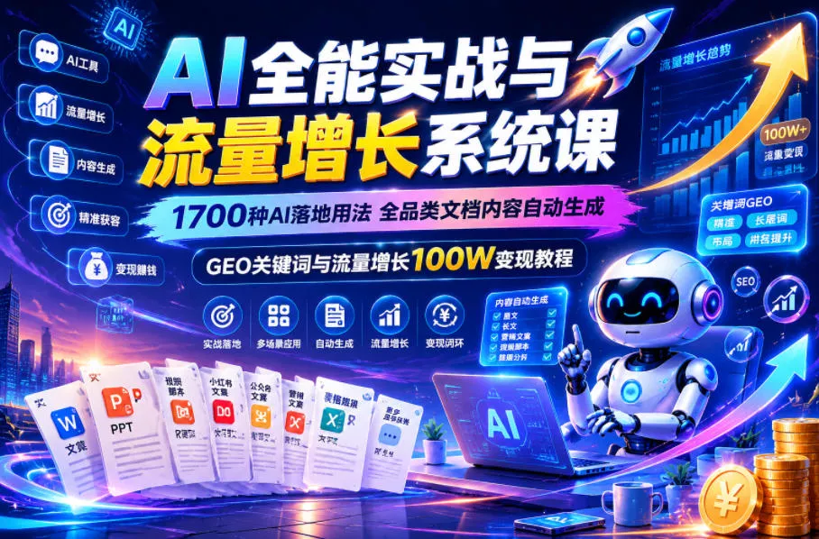 AI全能实战与流量增长系统课，1700种AI落地用法，全品类文档内容自动生成，GEO关键词与流量增长100W变现教程-心思维创富网_网上创业教程_网络创业项目