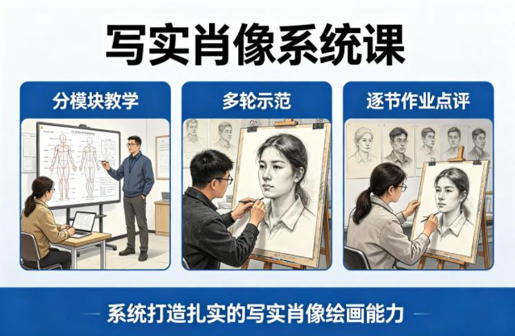 写实肖像系统课，全程分模块教学+多轮示范+逐节作业点评，系统打造扎实的写实肖像绘画能力-心思维创富网_网上创业教程_网络创业项目