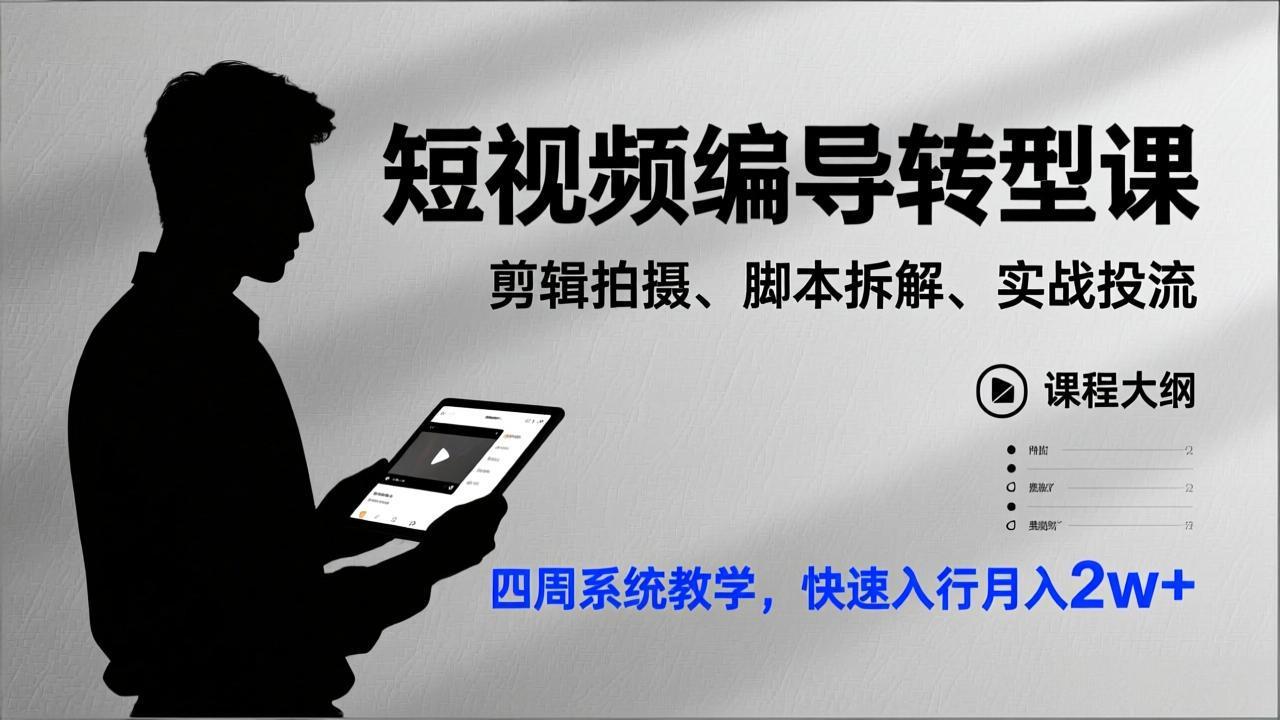 短视频编导转型课，剪辑拍摄、脚本拆解、实战投流，四周系统教学，快速入行月入2w+-心思维创富网_网上创业教程_网络创业项目