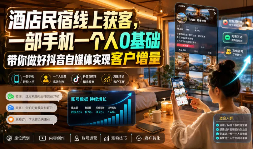 酒店民宿线上获客，一部手机一个人0基础带你做好抖音自媒体实现客户增量-心思维创富网_网上创业教程_网络创业项目