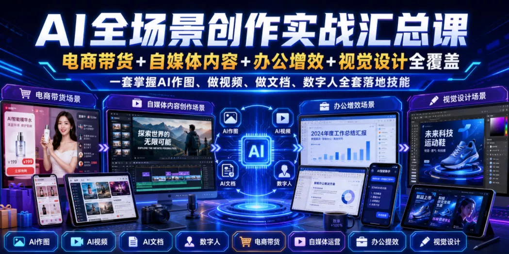 AI全场景创作实战汇总课｜电商带货+自媒体内容+办公增效+视觉设计全覆盖，一套掌握AI作图、做视频、做文档、数字人全套落地技能-心思维创富网_网上创业教程_网络创业项目