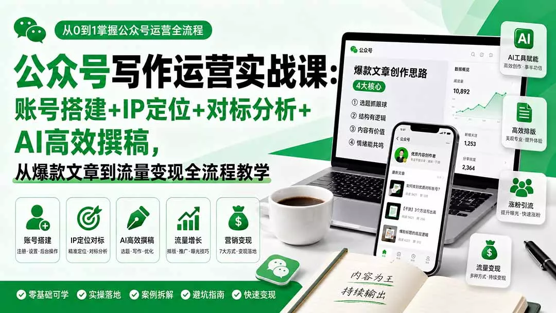 公众号写作运营实战课：账号搭建+IP定位+对标分析+AI高效撰稿，从爆款文章到流量变现全流程教学-心思维创富网_网上创业教程_网络创业项目