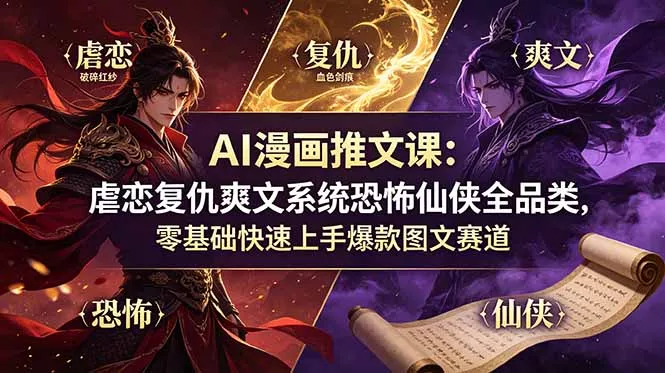 AI漫画推文课：虐恋复仇爽文系统恐怖仙侠全品类，零基础快速上手爆款图文赛道-心思维创富网_网上创业教程_网络创业项目