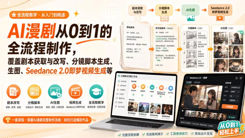 AI漫剧从0到1的全流程制作，覆盖剧本获取与改写、分镜脚本生成、角色场景生图与三视图、Seedance 2.0即梦视频生成(PDF版)-心思维创富网_网上创业教程_网络创业项目