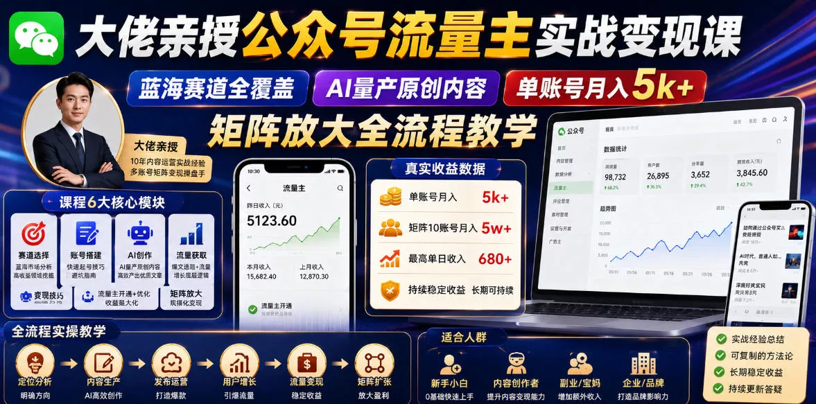 大佬亲授公众号流量主实战变现课，蓝海赛道全覆盖，AI量产原创内容，单账号月入5k+矩阵放大全流程教学-心思维创富网_网上创业教程_网络创业项目
