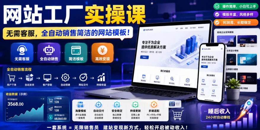 网站工厂实操课，无需客服，网站模板自动赚钱！【原创双语字幕】-心思维创富网_网上创业教程_网络创业项目