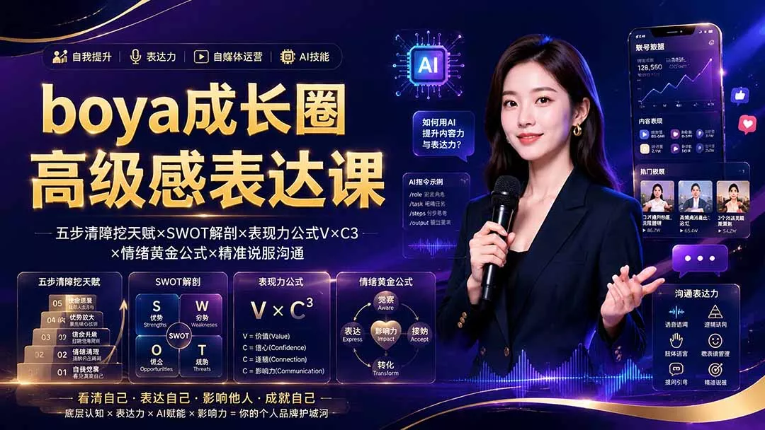 boya成长圈｜内心成长高级表达AI自媒体三合一，消解内耗挖掘天赋，镜头沟通AI指令短视频全流程教学-心思维创富网_网上创业教程_网络创业项目