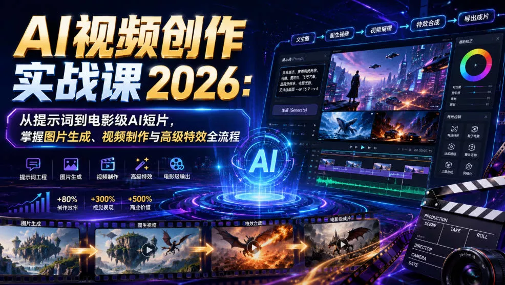 AI视频创作实战课2026：从提示词到电影级AI短片，掌握图片生成、视频制作与高级特效全流程-心思维创富网_网上创业教程_网络创业项目