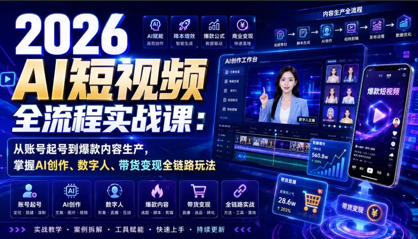 2026 AI短视频全流程实战课：从账号起号到爆款内容生产，掌握AI创作、数字人、带货变现全链路玩法-心思维创富网_网上创业教程_网络创业项目