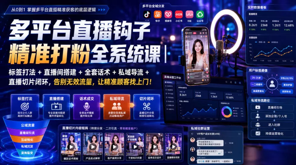 多平台直播钩子精准打粉全系统课｜标签打法+直播间搭建+全套话术+私域导流+直播切片闭环，告别无效流量，让精准顾客找上门！-心思维创富网_网上创业教程_网络创业项目