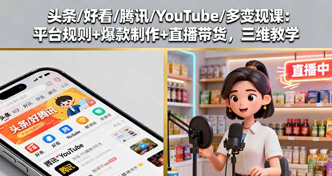 头条/好看/腾讯/YouTube/多变现课：平台规则+爆款制作+直播带货，三维教学-心思维创富网_网上创业教程_网络创业项目