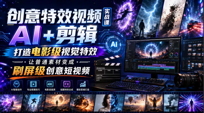 创意特效视频实战课，AI+剪辑打造电影级视觉特效，让普通素材变成刷屏级创意短视频-心思维创富网_网上创业教程_网络创业项目