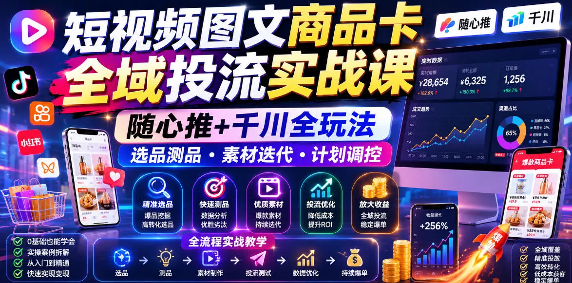 短视频图文商品卡全域投流实战课，随心推+千川全玩法，选品测品・素材迭代・计划调控，提升ROI爆单增收教程-心思维创富网_网上创业教程_网络创业项目