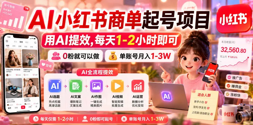 AI小红书商单起号项目，用AI提效,每天1-2小时即可，0粉就可以做，单账号月入1-3W-心思维创富网_网上创业教程_网络创业项目