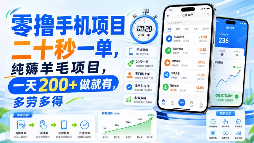 零撸手机项目，二十秒一单，纯薅羊毛项目，一天200+做就有，多劳多得【揭秘】-心思维创富网_网上创业教程_网络创业项目