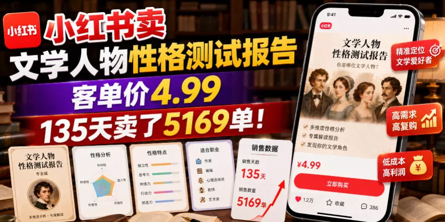 小红书卖文学人物性格测试报告，客单价4.99，135天卖了5169单！-心思维创富网_网上创业教程_网络创业项目