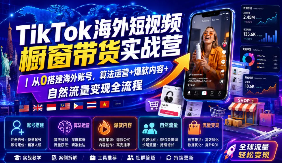 TikTok海外短视频橱窗带货实战营｜从0搭建海外账号，算法运营+爆款内容+自然流量变现全流程-心思维创富网_网上创业教程_网络创业项目
