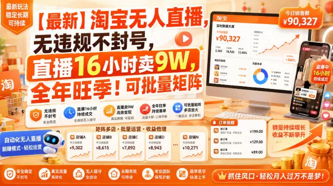 【最新】淘宝无人直播，无违规不封号，直播16小时卖9W，全年旺季！可批量矩阵【揭秘】-心思维创富网_网上创业教程_网络创业项目
