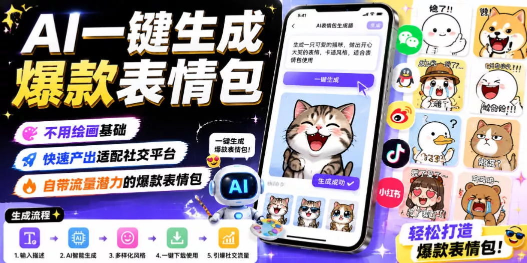 AI一键生成爆款表情包，不用绘画基础，快速产出适配社交平台，自带流量潜力的爆款表情包-心思维创富网_网上创业教程_网络创业项目